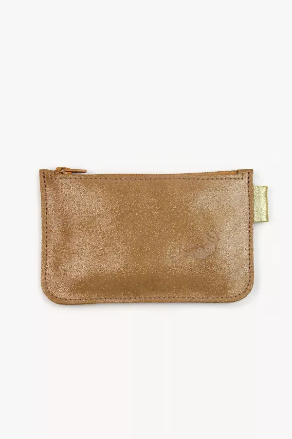 Porte monnaie cuir pailleté doré marquage oiseau Barnabé aime le café made in france