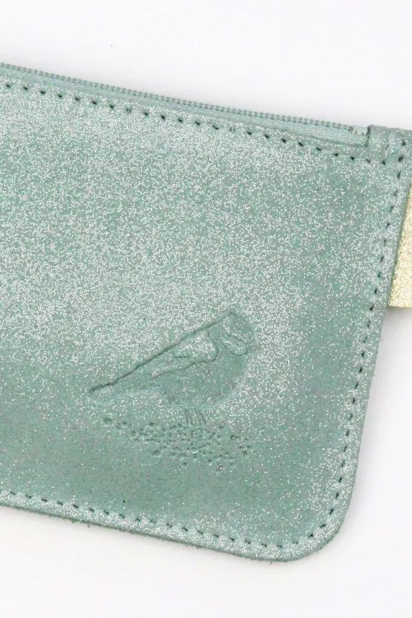 Porte monnaie cuir pailleté bleu clair mésange Barnabé aime le café made in france zoom