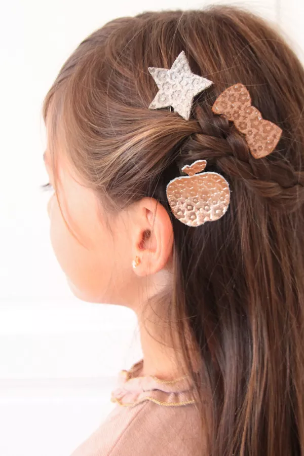 Barrette clic-clac cuir - Noeud or