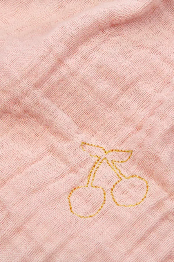 lange double gaze de coton rose clair broderie doré cerises Barnabé aime le café