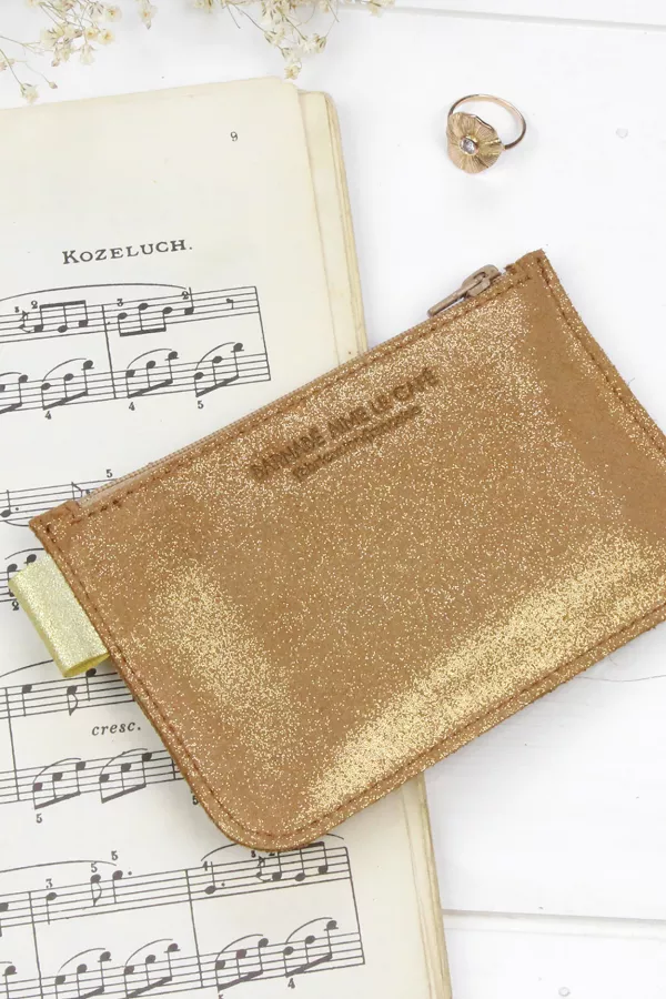 Porte monnaie cuir pailleté doré femme marquage  Barnabé aime le café made in france