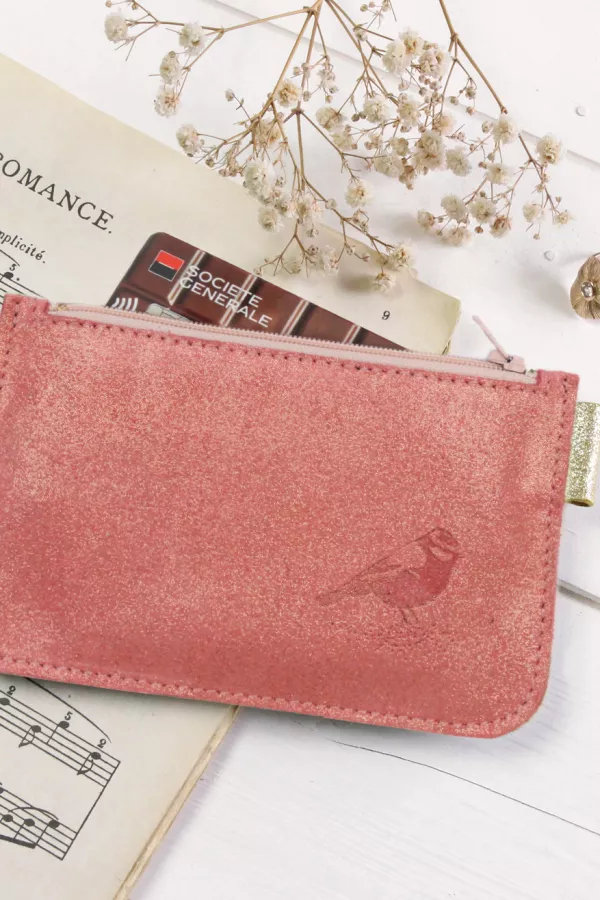 Porte monnaie cuir pailleté rose marquage oiseau Barnabé aime le café made in france