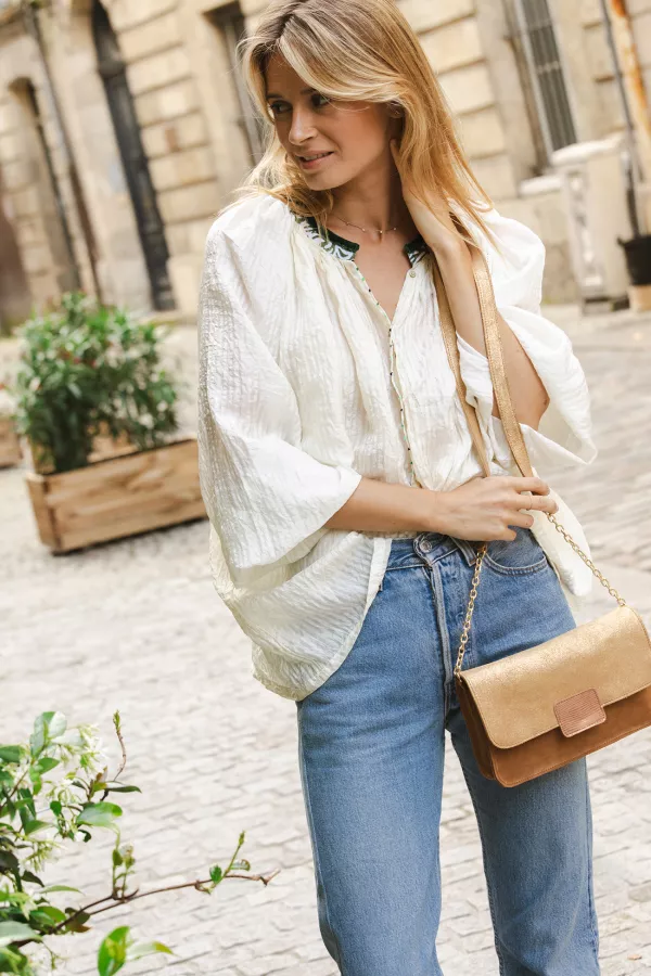 Sac à main femme cuir doré croute de cuir caramel empiècement cuir irisé Barnabé aime le café made in france