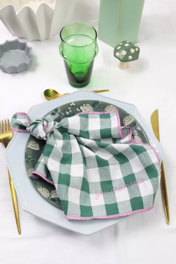 Serviette de Table vichy brodée - set de 6 - sauge
