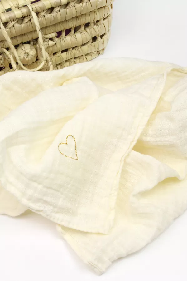 lange double gaze de coton crème broderie doré coeur Barnabé aime le café