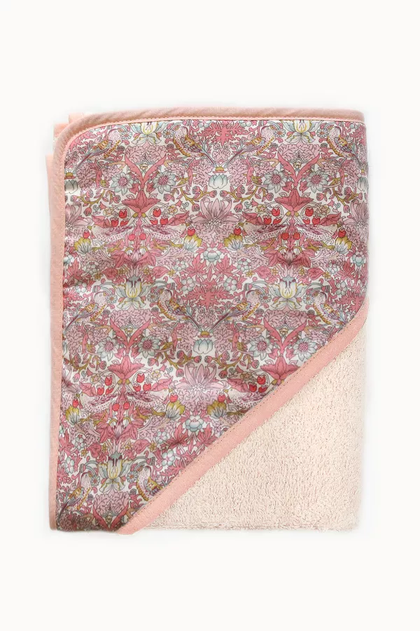 Cape de bain bébé éponge blanche grande capuche Liberty rose made in france Barnabé aime le café