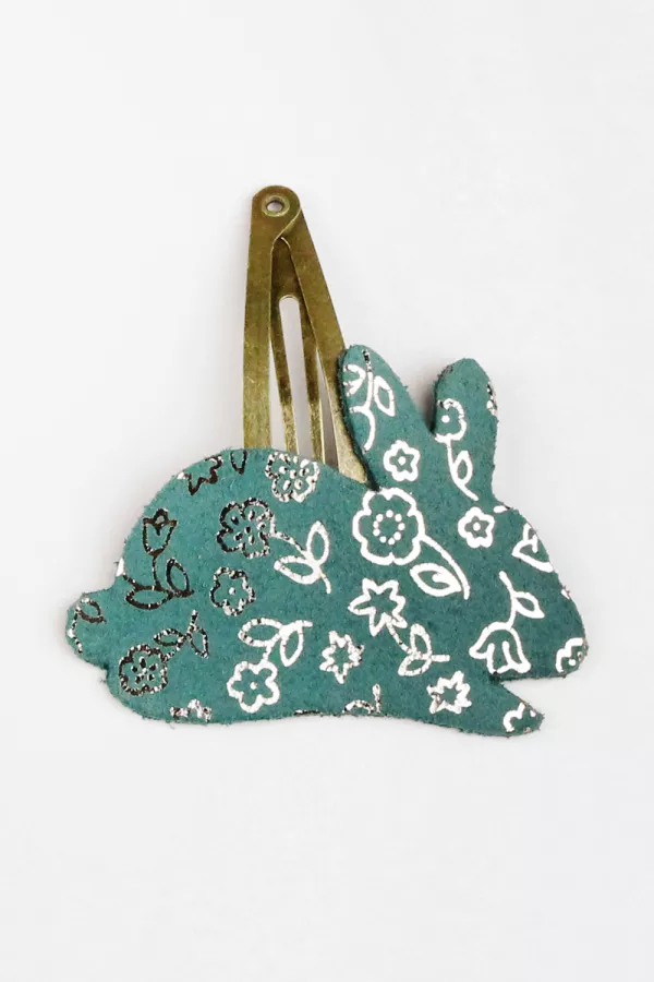 Barrette clic-clac cuir - Lapin fleuri