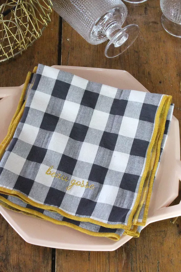 Serviette de Table vichy brodée - set de 6 - réglisse