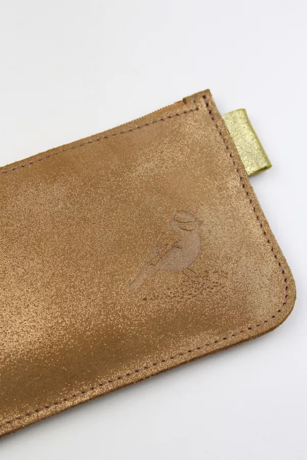 Porte monnaie cuir pailleté doré marquage oiseau Barnabé aime le café made in france
