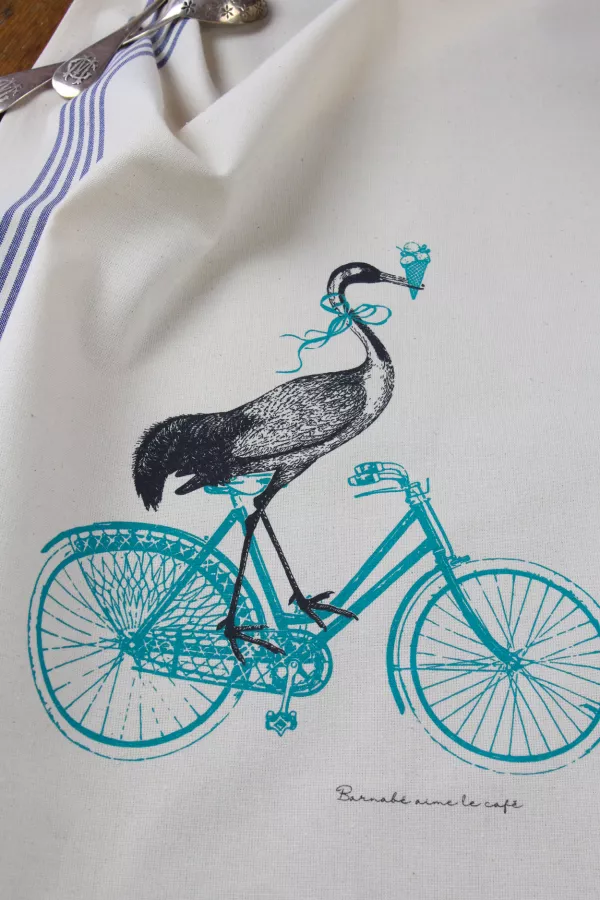 TORCHON DE CUISINE SÉRIGRAPHIÉ - Oiseau vélo
