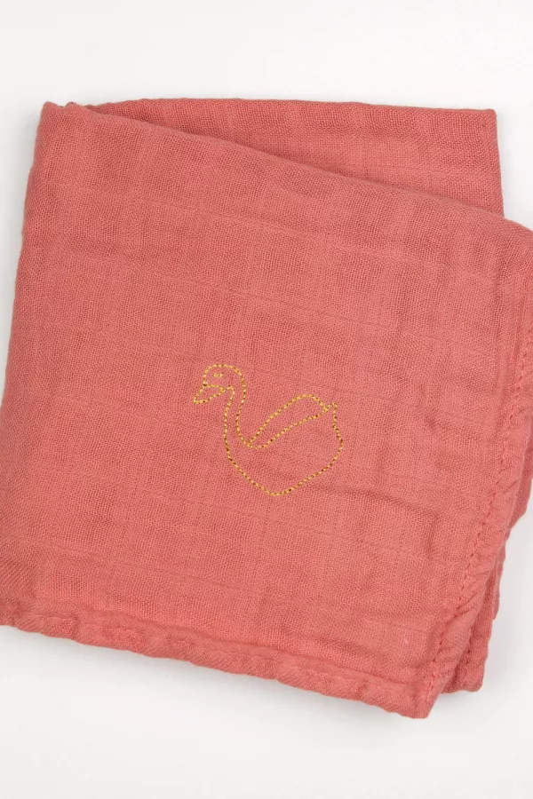 lange double gaze de coton corail broderie doré cygne Barnabé aime le café