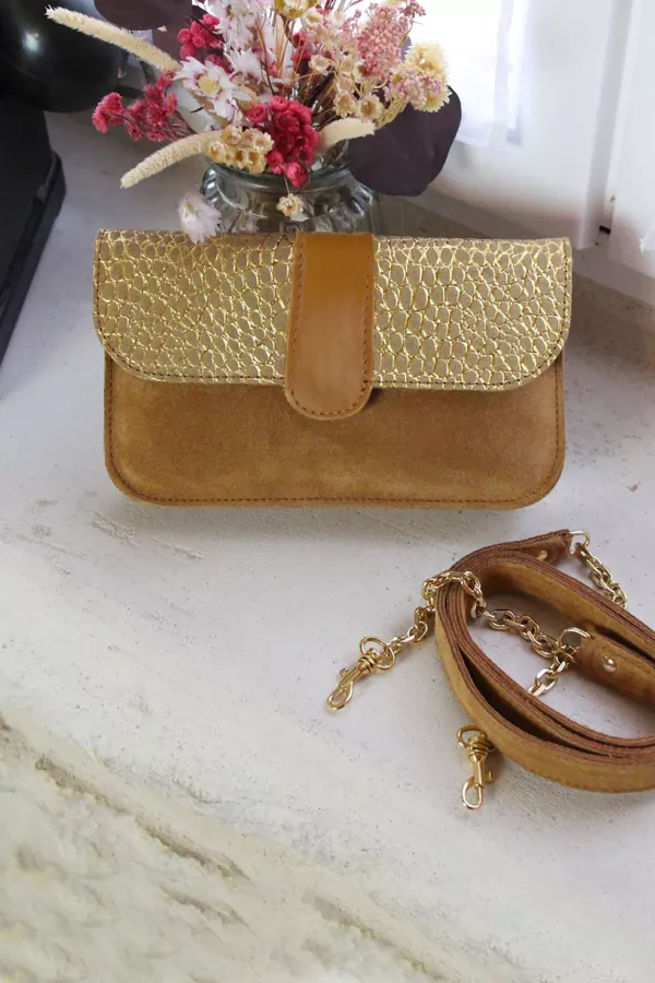 Portefeuille & mini sac - Harold - cuir Croco caramel