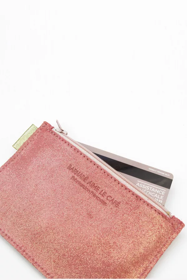 Dos Porte monnaie cuir pailleté rose marquage oiseau Barnabé aime le café made in france