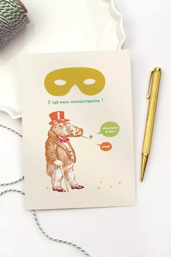 Carton invitation anniversaire - 8 cartes Hippo