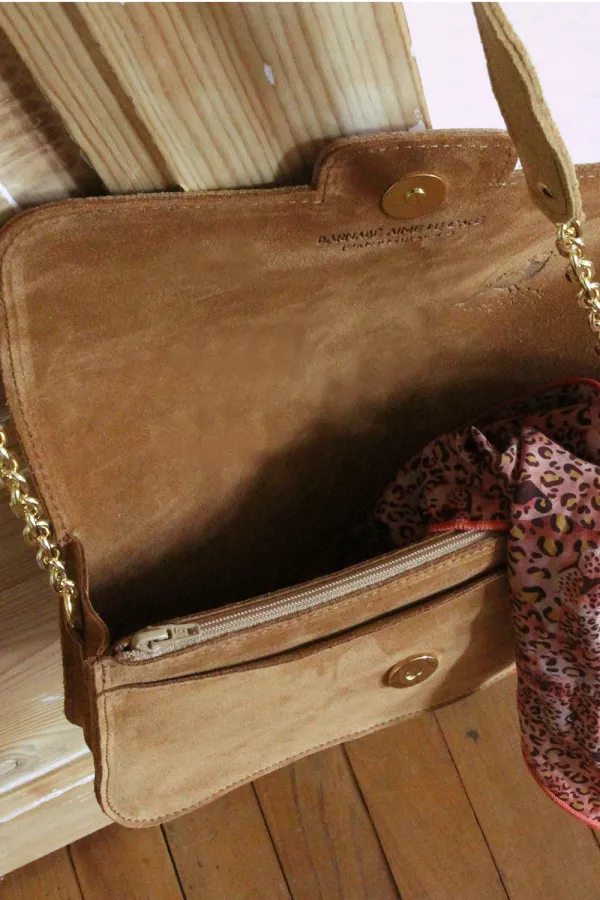 Sac à main mix de cuirs fantaisies caramel Barnabé aime le café made in france zoom