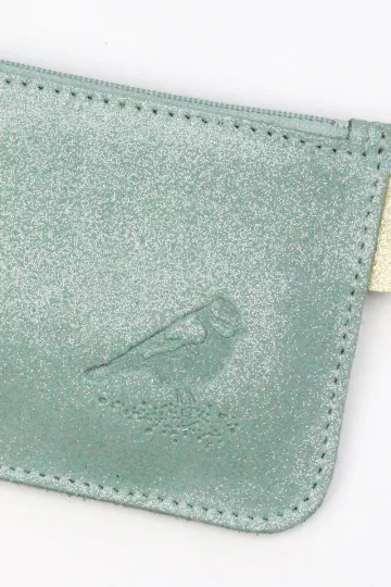 Porte monnaie cuir pailleté bleu clair marquage oiseau Barnabé aime le café made in france