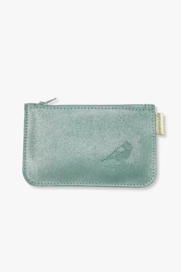 Porte monnaie cuir pailleté bleu clair marquage oiseau Barnabé aime le café made in france