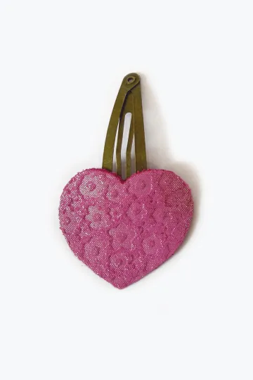Barrette clic-clac cuir - Coeur framboise