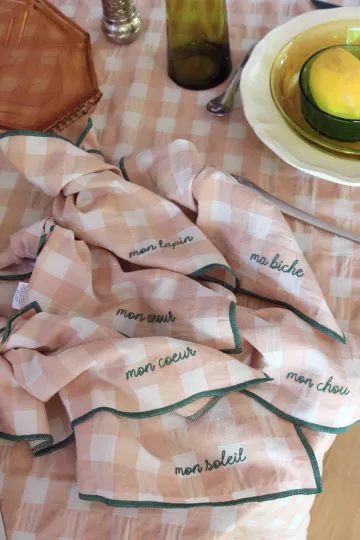 Serviette de Table vichy brodée - Set de 6 - macaron