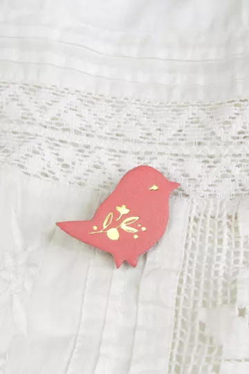 Broche cuir - Mini bird Flamingo