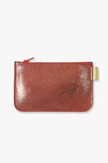 Porte monnaie cuir pailleté tomette marquage oiseau Barnabé aime le café made in france