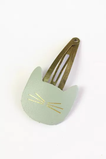 Barrette clic-clac cuir - Chat opaline