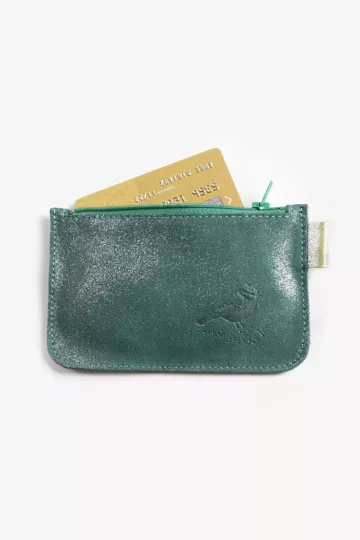 Porte monnaie cuir pailleté vert marquage oiseau Barnabé aime le café made in france