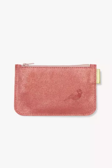 Porte monnaie cuir pailleté rose marquage oiseau Barnabé aime le café made in france