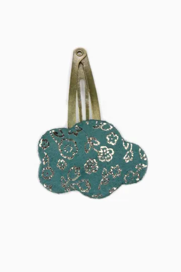 Barrette clic-clac cuir - Nuage fleuri bleu