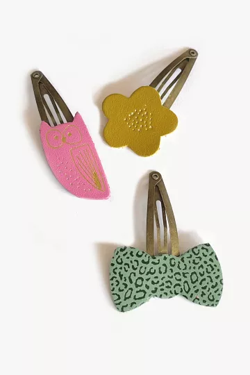 Barrette clic-clac cuir - Fleur moutarde