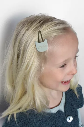 Barrette clic-clac cuir - Chat opaline