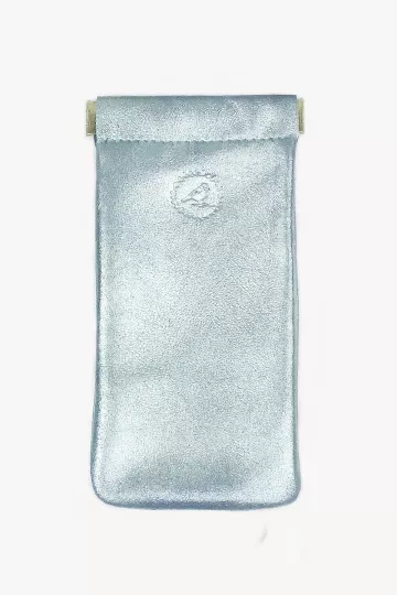 Etui lunette femme cuir souple bleu clair marquage oiseau Barnabé aime le café fabrication française