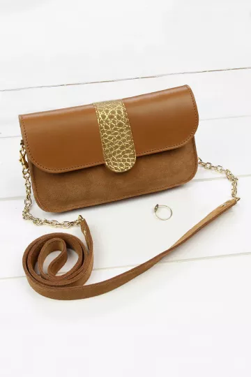 sac portefeuille Harold mix cuir caramel croco doré anse chaine dorée amovible Barnabé aime le café made in France