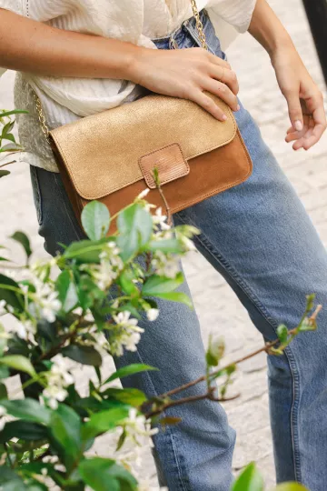 Sac à main croute de cuir caramel et pailleté doré grande anse chaine or foulard léopard Liberty Barnabé aime le café made in france