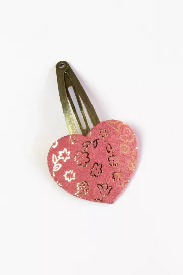 Barrette clic-clac cuir - Petit coeur fleuri