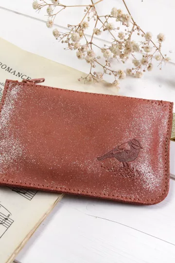 Porte monnaie cuir pailleté tomette marquage oiseau Barnabé aime le café made in france
