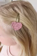Barrette clic-clac cuir - Coeur pailleté rose