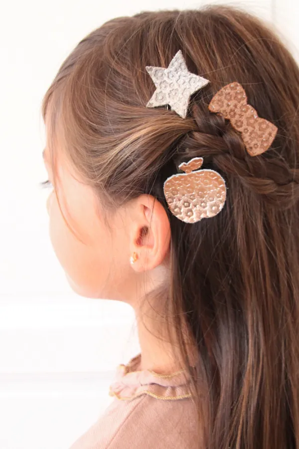 Barrette clic-clac cuir - Noeud or