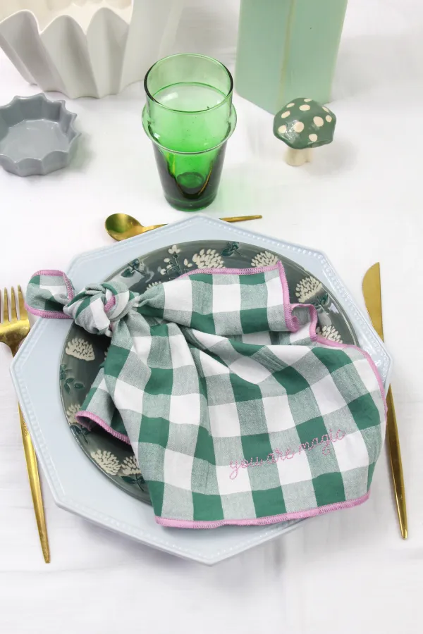 Serviette de Table vichy brodée - set de 6 - sauge