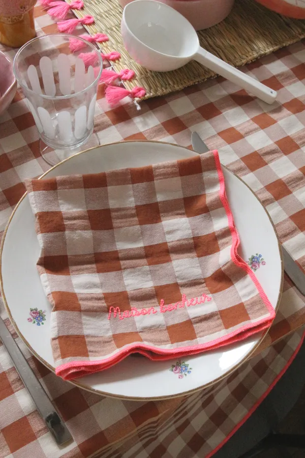 Serviette de table vichy brodée - Set de 6 - Maison bonheur