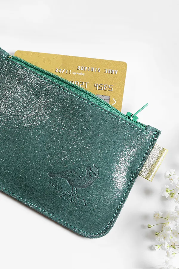 Porte monnaie cuir pailleté vert marquage oiseau Barnabé aime le café made in france
