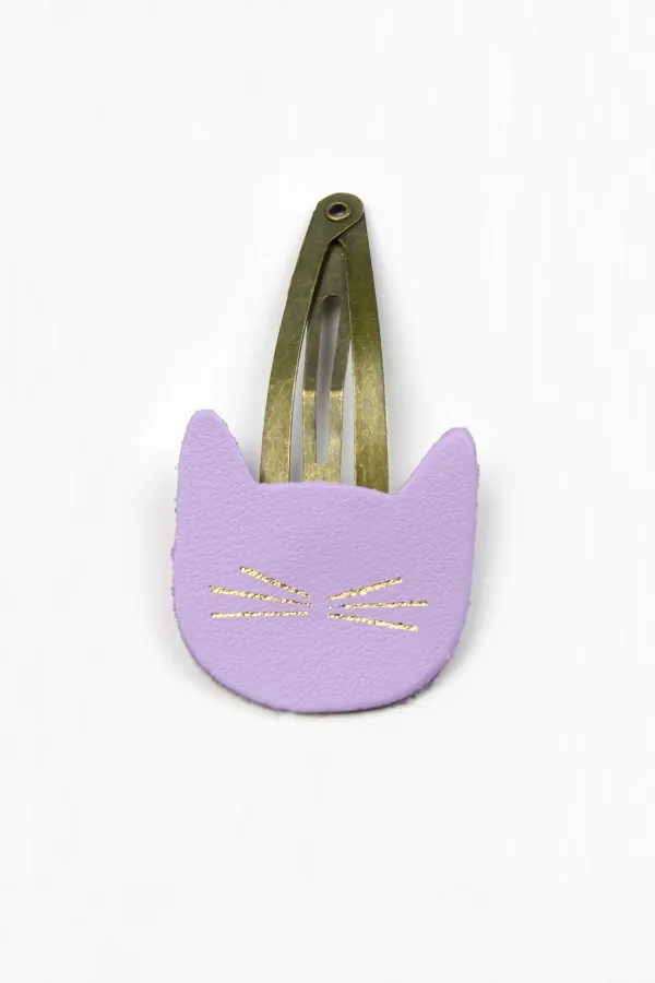 Barrette clic-clac cuir - Chat lilas