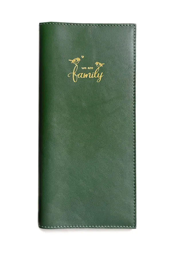 Protège livret de famille cuir vert marquage doré Barnabé aime le café made in france zoom