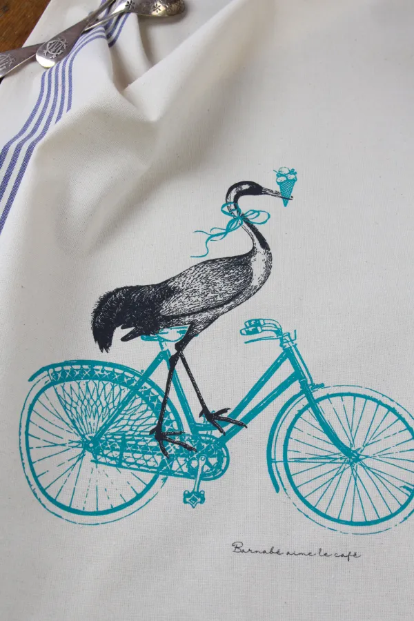 TORCHON DE CUISINE SÉRIGRAPHIÉ - Oiseau vélo