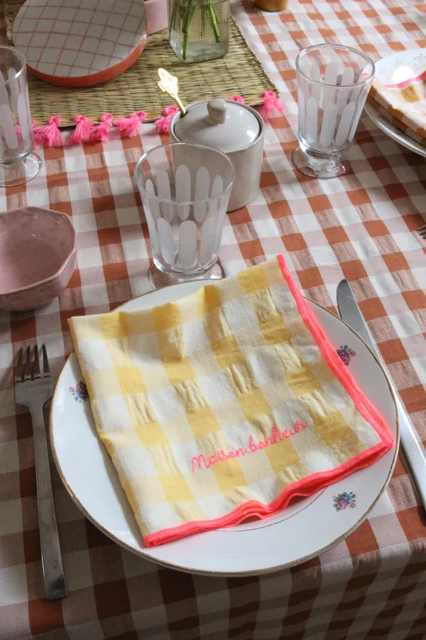 Serviette de table vichy brodée - Set de 6 - Maison bonheur
