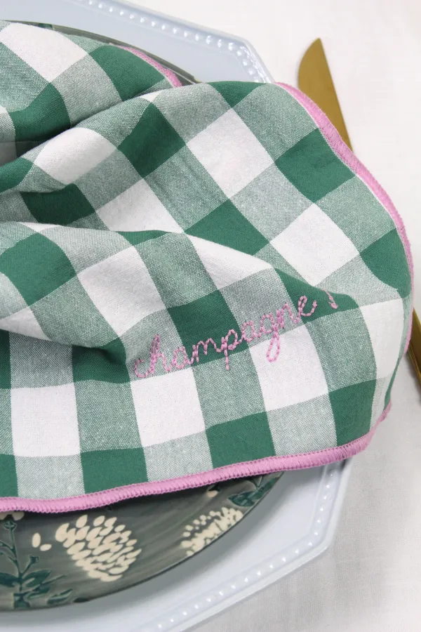 Serviette de Table vichy brodée - set de 6 - sauge