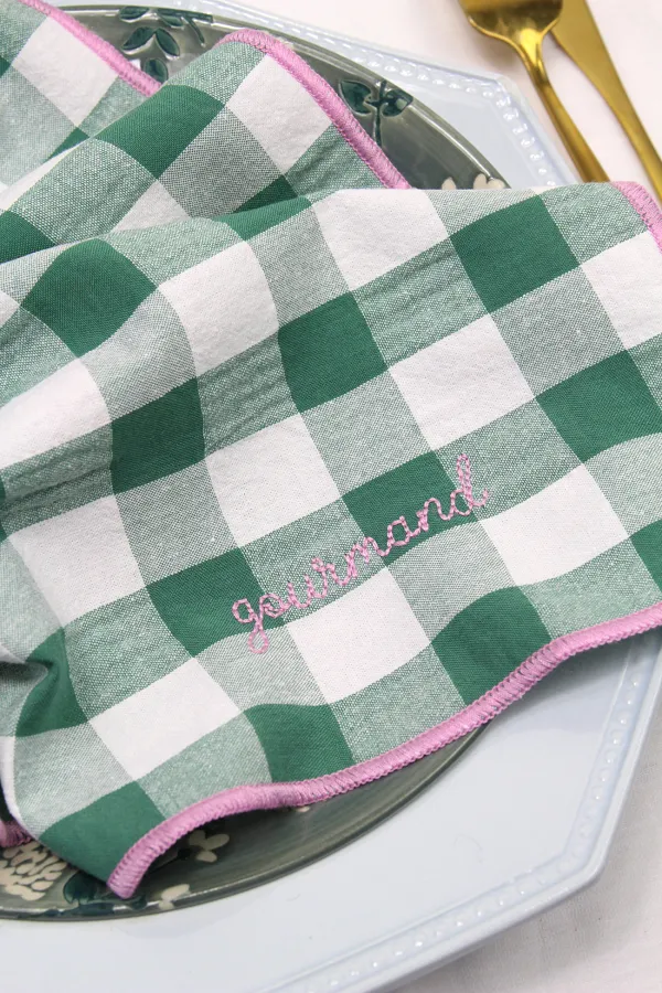 Serviette de Table vichy brodée - set de 6 - sauge