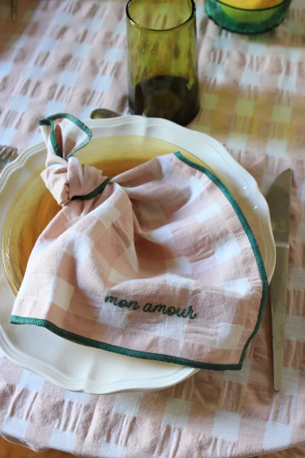 Serviette de Table vichy brodée - Set de 6 - macaron
