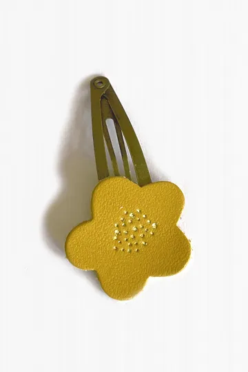 Barrette clic-clac cuir - Fleur moutarde