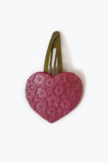 Barrette clic-clac cuir - Coeur framboise